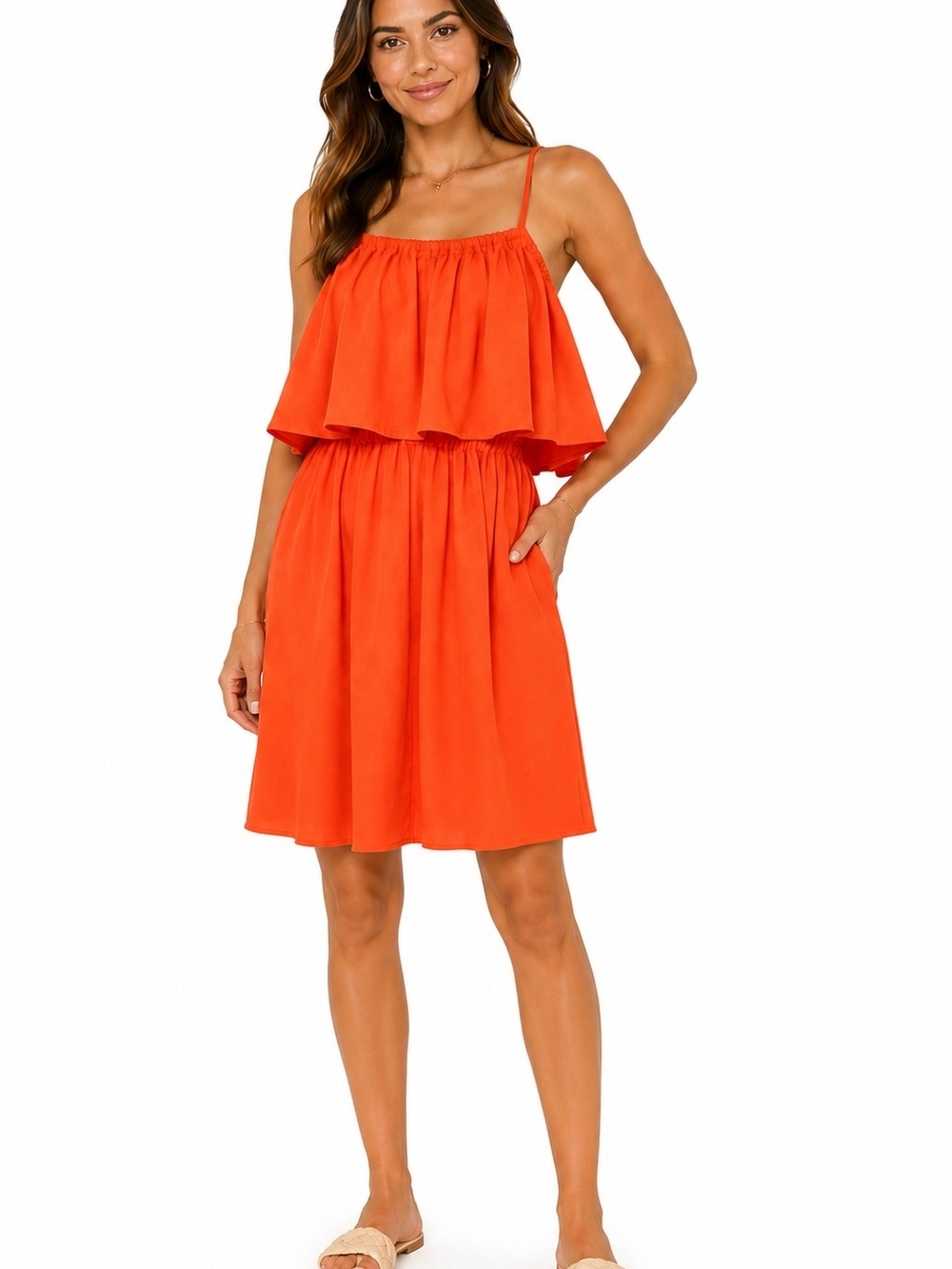 Faithfull the Brand Coral Orange Ruffle Linen Dress Sz 10